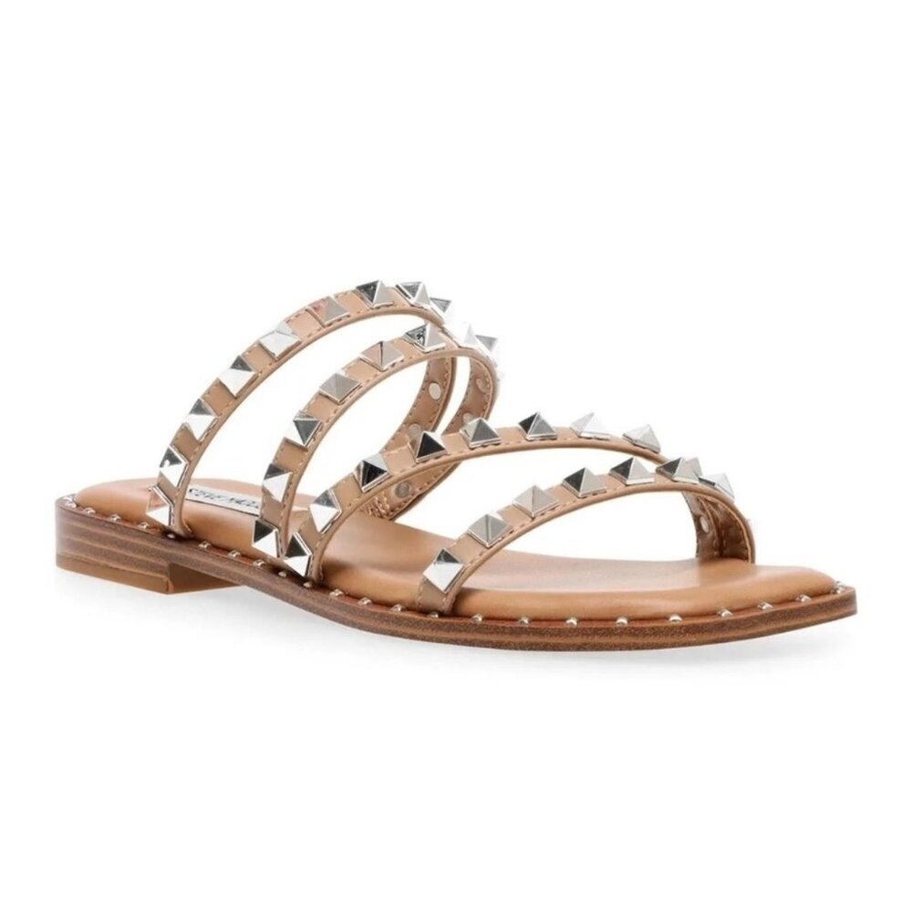 NWOT Sz 8.5 - Steve Madden Skyler Silver Stud 4-Strap Tan Slip-On Sandals - Picture 13 of 13